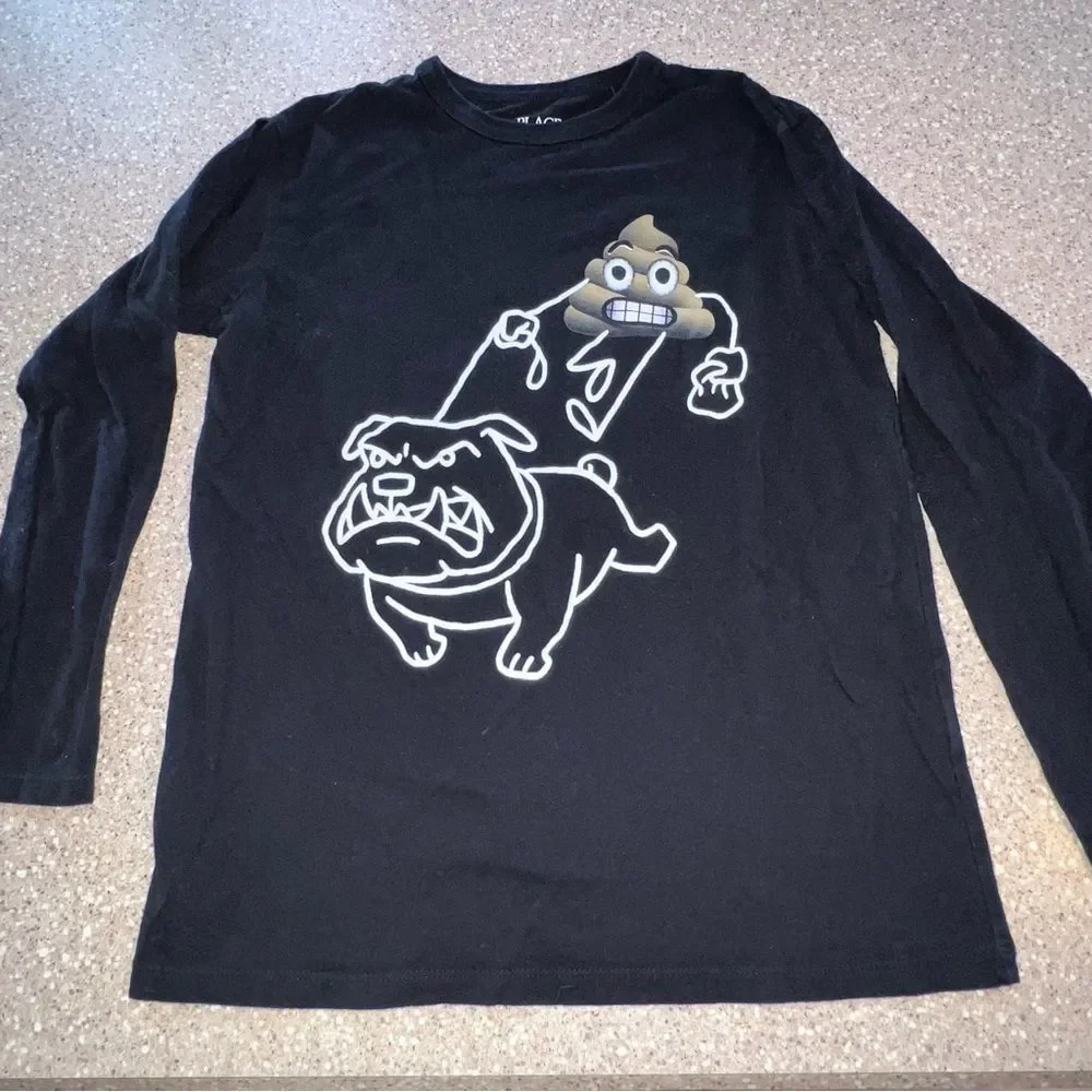 The Children's Place Boys XL (14) Shirt Black Dog Emoji Long Sleeve T-shirt